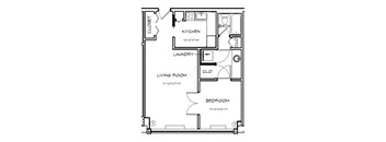 A floor plan of a small apartment with a living room, bedroom, kitchen, and bathroom.