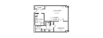 A floor plan of a small apartment with a living room, kitchen, bathroom, and bedroom.