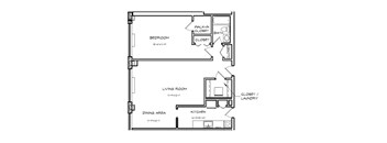 A floor plan of a small apartment with a bedroom, living room, dining area, kitchen, and closets.
