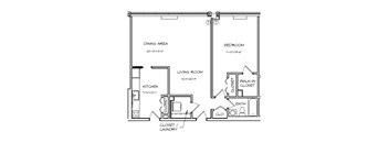 A floor plan of a small apartment with a living room, dining area, kitchen, bedroom, bathroom, and closet.