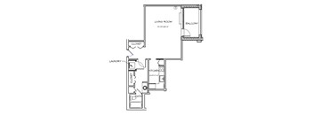 A floor plan of a small apartment with a living room, kitchen, bathroom, and laundry area.