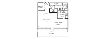 A floor plan of a home with a living room, dining area, kitchen, bath, and laundry room.
