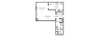 A floor plan of a small apartment with a living room, dining area, kitchen, bathroom, and laundry room.