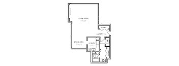 A floor plan of a small apartment with a living room, dining area, kitchen, and bathroom.