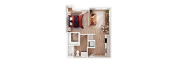 A top-down view of a modern living room with a sofa, coffee table, and kitchen area.