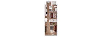 A top-down view of a small apartment with a kitchen, living room, and bedroom.