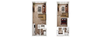 A top down view of a small apartment with a kitchen, living room and bedroom.