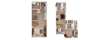 A floor plan of a two-story apartment with a living room, kitchen, and bedrooms.