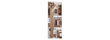 A top-down view of a small apartment with a kitchen, living room, and bedroom.