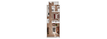 A top-down view of a small apartment with a bedroom, living room, and kitchen.