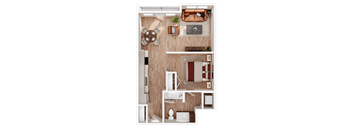 A top-down view of a small apartment with a kitchen, living room, and bathroom.
