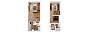 Two images of a small apartment with a kitchen, living room, and bedroom.