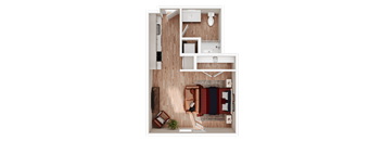 A top-down view of a room with a couch, chairs, and a table.
