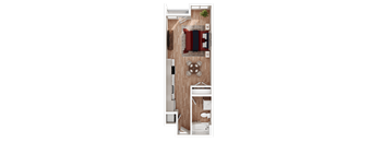 A top-down view of a small, neatly organized apartment with a kitchen area.