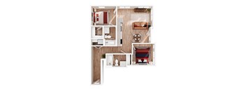 A top-down view of a small apartment with a bedroom, living room, and bathroom.
