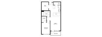 A floor plan of a small apartment with a den, bathroom, closet, living room, bedroom and balcony.