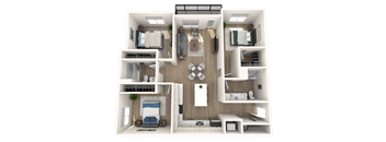 A 3D floor plan of a small apartment with a living room, kitchen, and two bedrooms.
