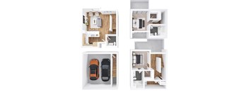 Four different floor plans of a house with two cars.