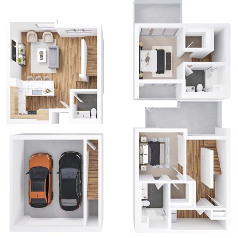 Four different floor plans of a house with two cars.