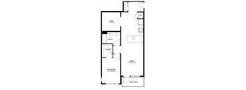A floor plan of a small apartment with a den, bathroom, closet, living room, bedroom and balcony.