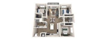A 3D floor plan of a house with multiple rooms and furniture.