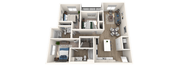 A 3D floor plan of a house with multiple rooms and furniture.