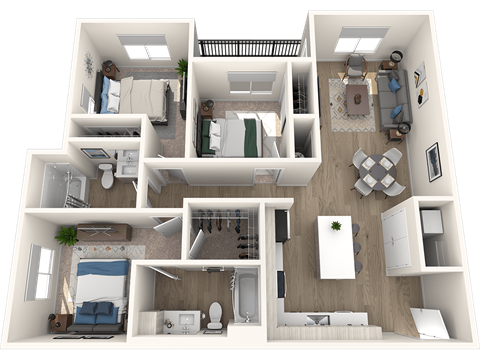 A 3D floor plan of a house with multiple rooms and furniture.