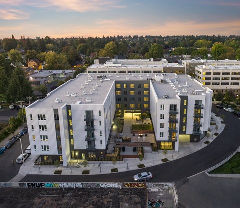 Grant Park Village apartments exterior shot Grant Park Village Aerial Shot of Building at Sunset