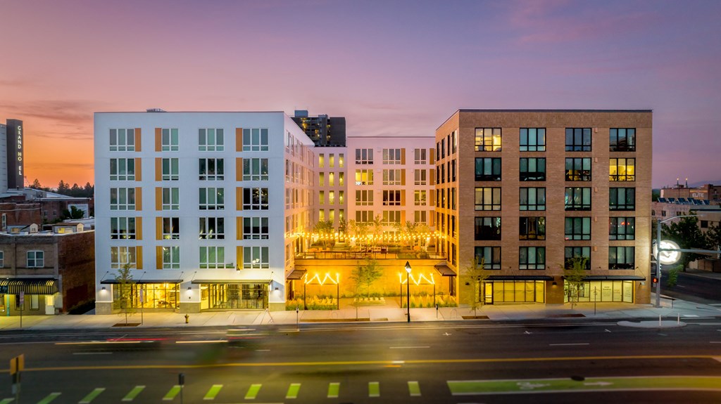 The Warren Apartments building exterior at night