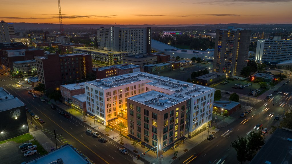 The Warren Apartments building aerial view at night
