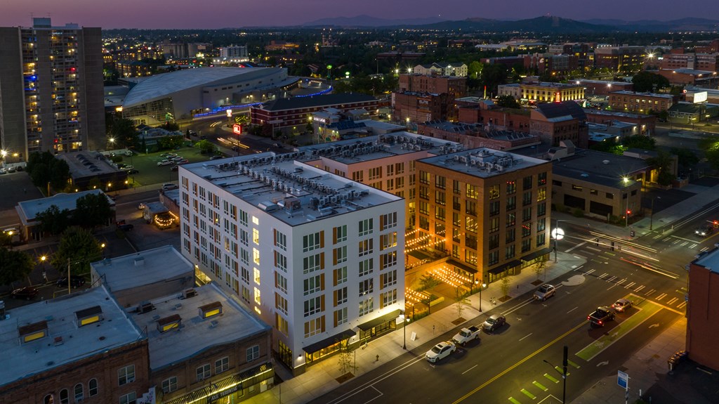 The Warren Apartments building exterior aerial at night