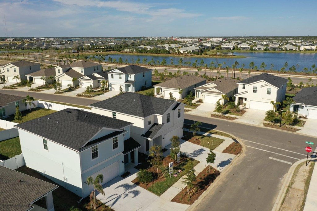 a neighborhood of houses with a lake in the background