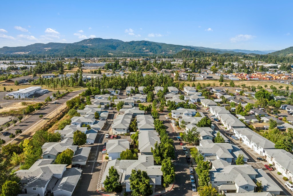 A residential area with houses and trees.