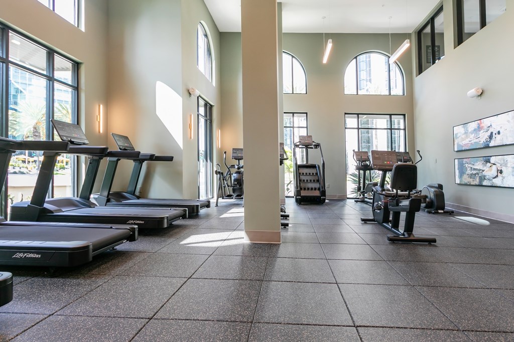 A gym with treadmills, elliptical machines, and other exercise equipment.