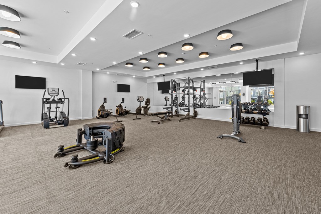a gym with weights and other exercise equipment in a large room
