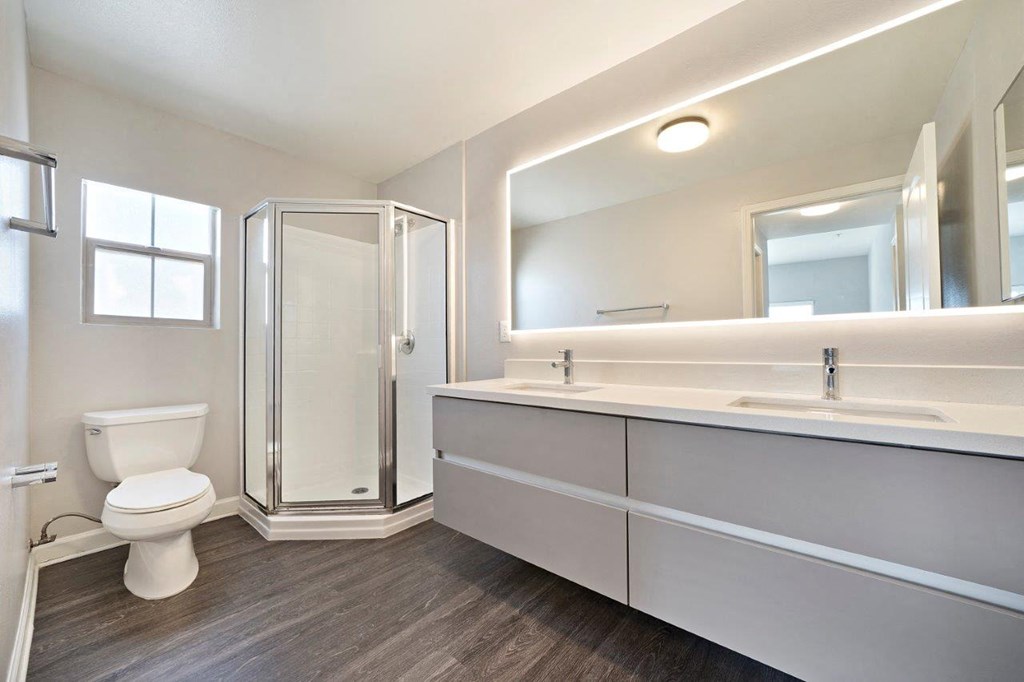 Boulevard on Wilshire Large Bathroom with Double Vanity and Walk In Shower