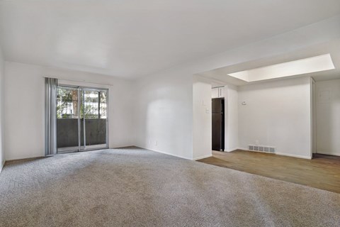 A spacious room with a carpeted floor and a sliding glass door.