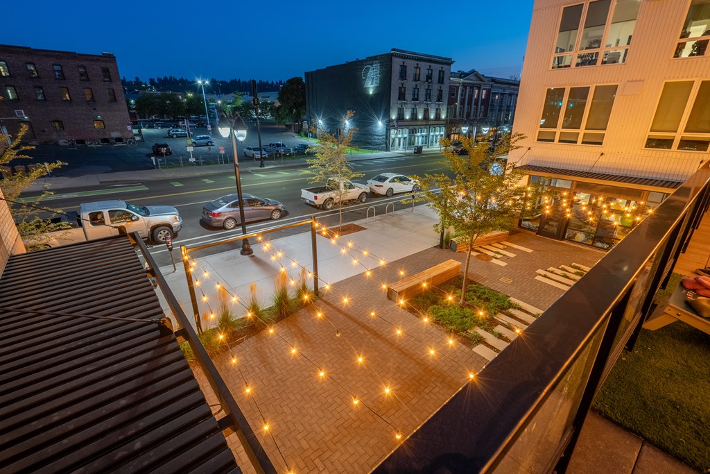 The Warren Apartments courtyard string lights at night