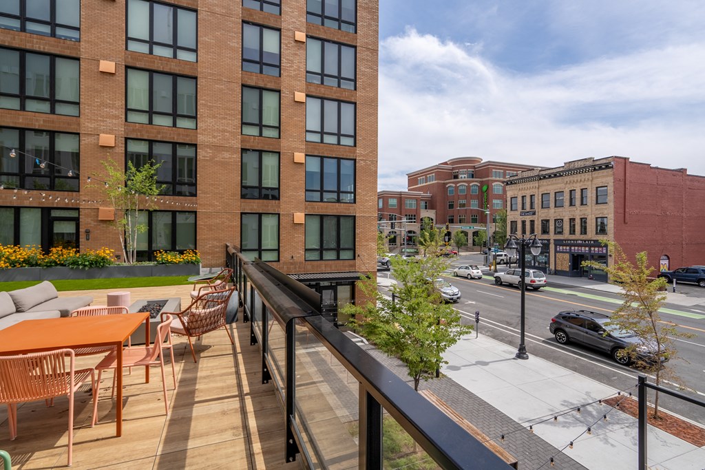 The Warren Apartments patio with view of street