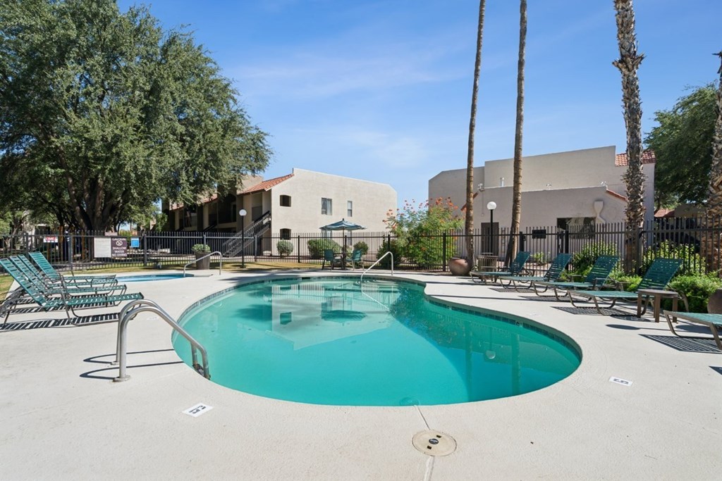 Casa Bella  A large outdoor swimming pool surrounded by lounge chairs and palm trees.