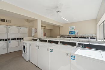 A row of washing machines are lined up in a laundromat.