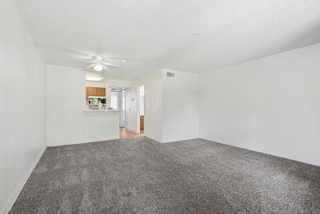 Casa Bella  A living room with a grey carpet and a ceiling fan.