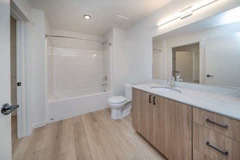 A white bathroom with wooden floors and a white toilet.
