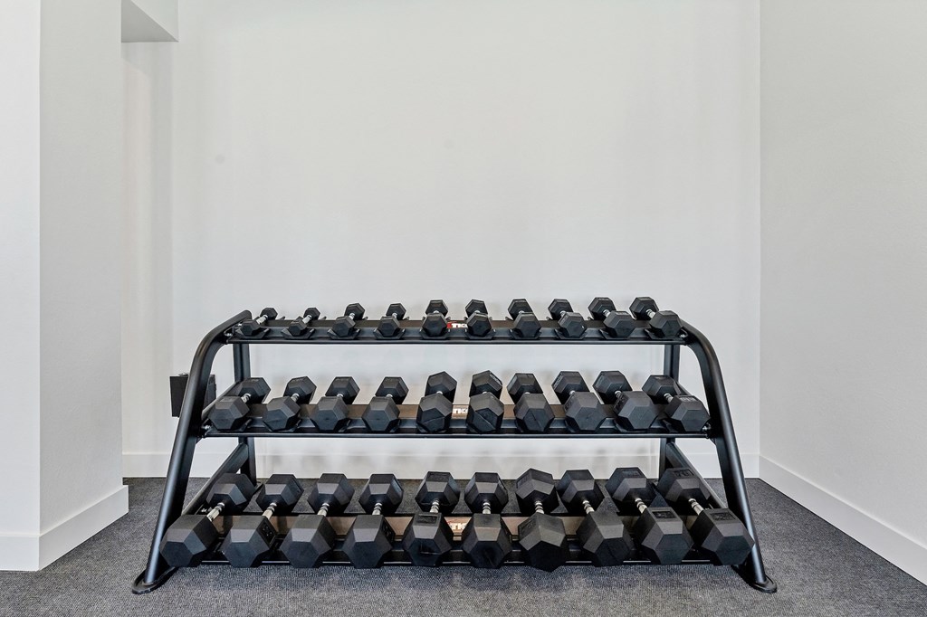 a rack of bottles of dumbbells in a room