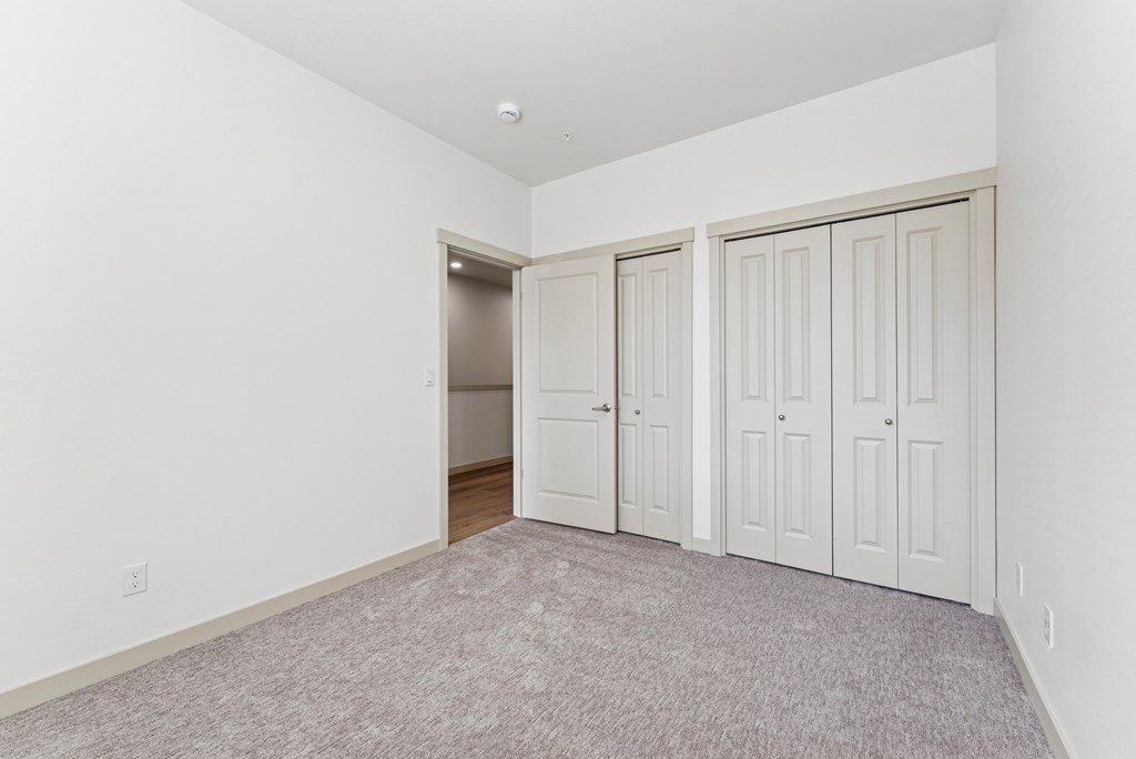 A room with white walls and a carpeted floor with three doors.
