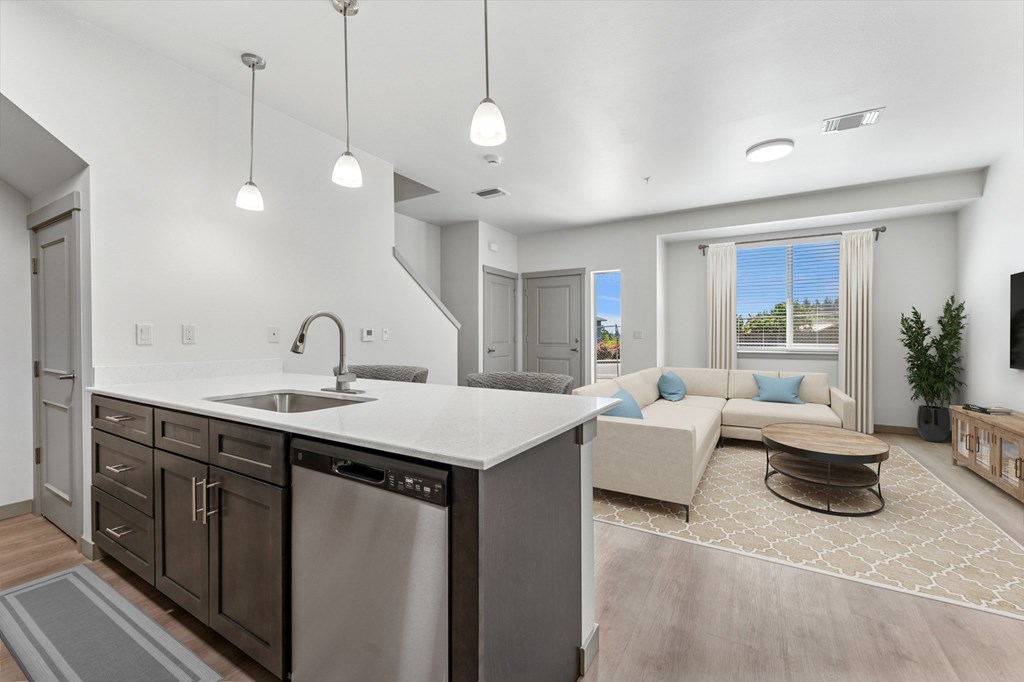 A modern kitchen with a stainless steel dishwasher and a white countertop.