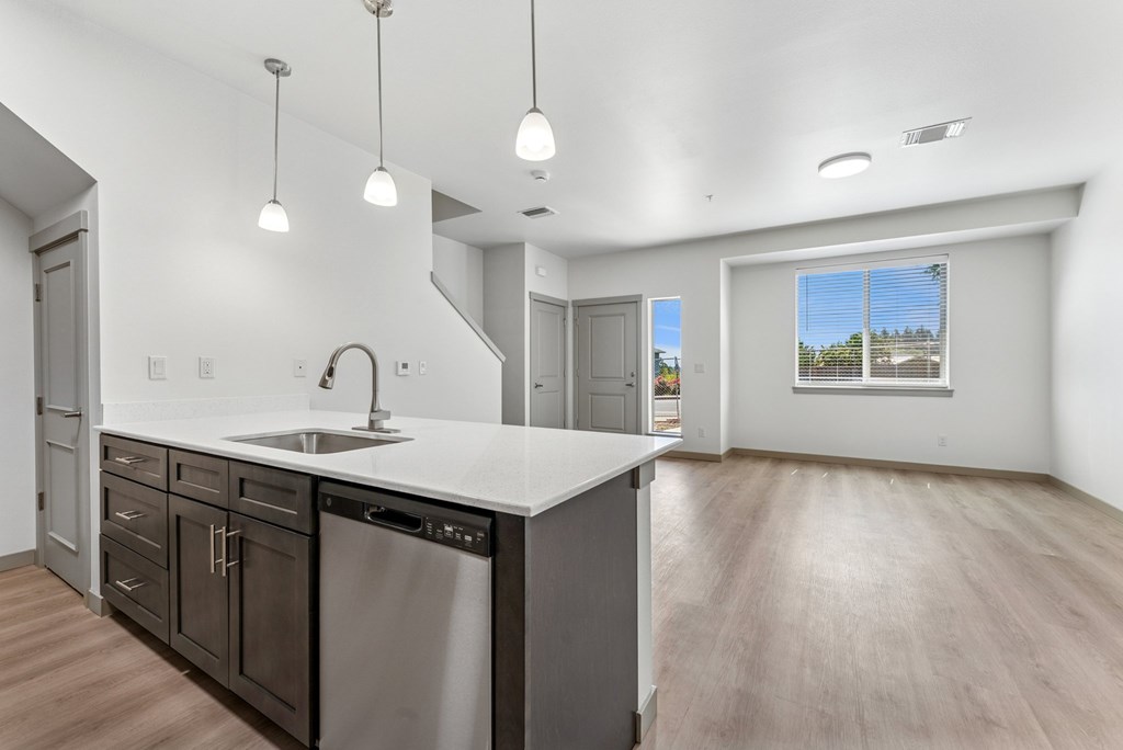 A modern kitchen with a stainless steel dishwasher and a white countertop.