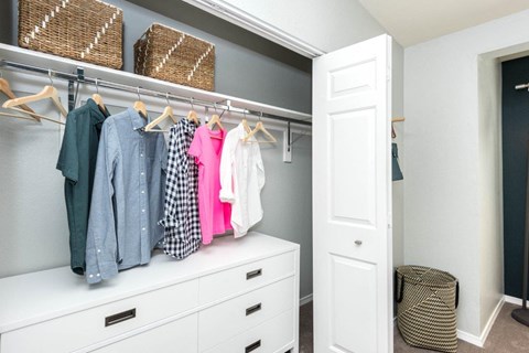 a closet with clothes hanging on a rack and a dresser