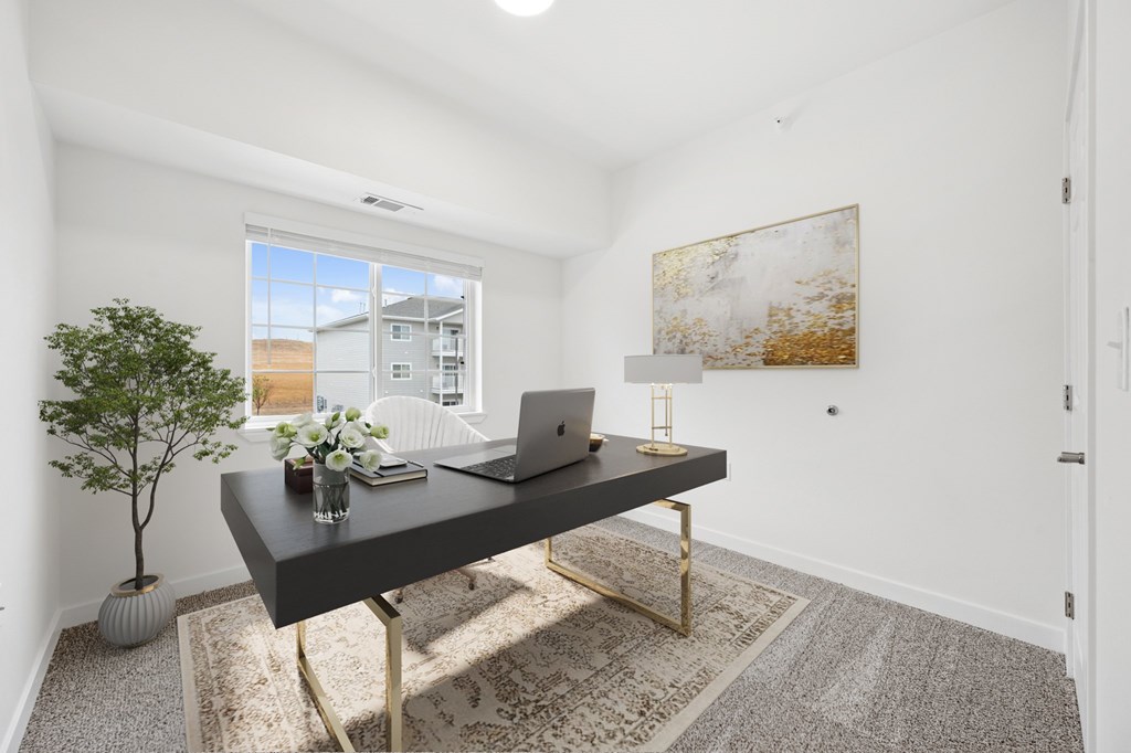 A room with a laptop on a desk and a potted plant.