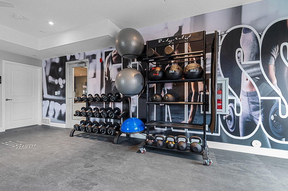 a home gym with weights and a large mural on the wall